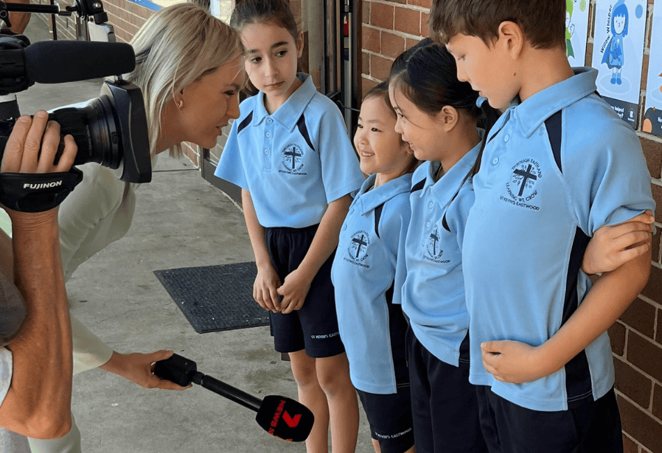 7News reporter Amy Clements speaks to St Kevin's Eastwood students about what kindness means to them
